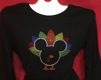 Camisa de Disney World para mujer con cristales de estrás y pavo de Acción de Gracias de Mickey Mouse. Tallas S, M, L, XL y tallas grandes: 1x, 2x y 3x.