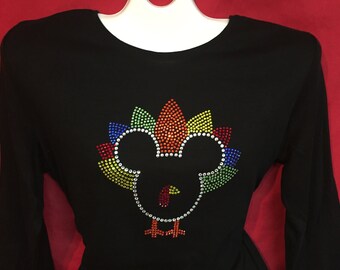 Mickey Mouse Thanksgiving Turkey holiday Rhinestone crystal womens Disney World shirt.SHORT LONG Sleeve S, M, L, XL, Plus size 1x, 2X, 3X