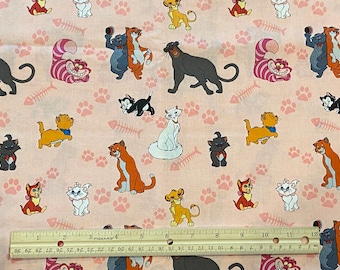 Disney Fabric, Cat Fabric,  PINK Background, 100% cotton, Quilting Cotton, Fat Quarters 18" x 22", Remnant 36" x 10"