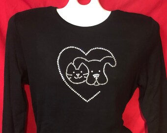 Rhinestone crystal women's shirt CAT and DOG Heart Dog Prints Dog Paws Short or Long Sleeve Misses S, M, L, XL, Plus size 1X, 2X, 3X Shirts