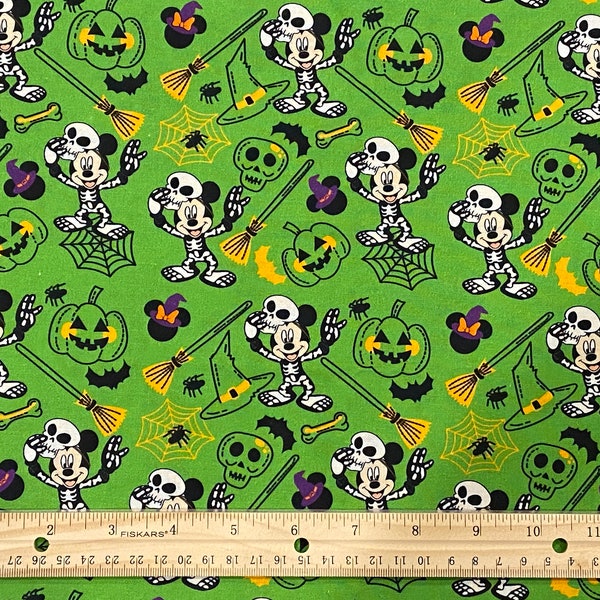 Disney Halloween Fabric, Halloween Green background, Quilting Cotton, Mickey Mouse Fabric, Fat Quarters 18" x 22", Remnants 10" x 36"