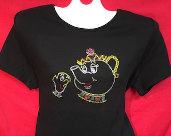 Camisa de mujer con cristales de imitación de La Bella y la Bestia, Sra. Potts y Chip, tallas S, M, L, XL y tallas grandes 1X, 2X y 3X.