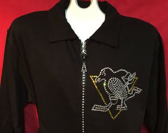 Pittsburgh Penguins Crystal Zipper Jacket NHL Hockey Normal Pens Logo Misses S M L XL and Plus sizes 1X 2X 3X