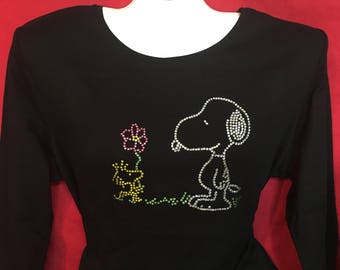 Snoopy and Woodstock Rhinestone crystal womens shirt SHORT LONG Sleeve Misses S, M, L, XL, Plus size 1X, 2X, 3X Shirts