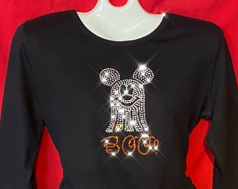 Mickey Halloween Shirt,  Mickey Ghost Boo Shirt,  Rhinestone Disney World shirt. SHORT  LONG Misses S, M, L, XL, Plus size 1x, 2X, 3X shirts