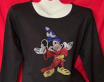 Bedazzled Mickey Sorceror shirt,  Disney,  Rhinestone crystal women's shirt Bling.    Misses S, M, L, XL, Plus size 1x, 2X, 3X