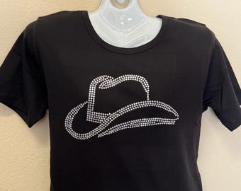 Camiseta con sombrero de vaquera adornado con pedrería, sombrero de vaquera con diamantes de imitación, tallas S, M, L, XL, tallas grandes 1X, 2X, 3X