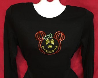 Mickey Mouse Pumpkin Halloween Rhinestone crystal womens Disney World shirt. SHORT  LONG Misses S, M, L, XL, Plus size 1x, 2X, 3X shirts