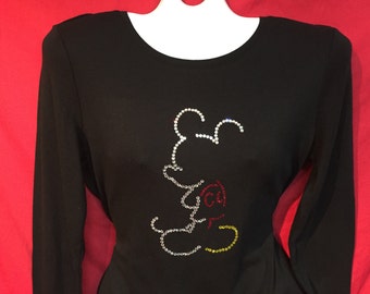 Disney Mickey Mouse Silhouette Rhinestone crystal womens shirt. Mickey Mouse Bling. SHORT LONG Sleeve Misses S, M, L