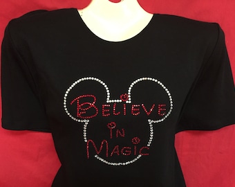 Mickey Mouse Rhinestone crystal womens shirt Believe in Magic. SHORT LONG  Sleeve Misses S, M, L, XL, Plus size 1x, 2X, 3X shirts