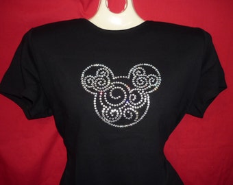 Camisa de mujer con cristales de estrás de Mickey Mouse Disney World, remolinos de Mickey transparente. Tallas para mujer: S, M, L, XL, tallas grandes: 1x, 2x, 3x.