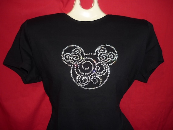 Mickey Mouse Disney World Rhinestone Crystal Womens Shirt Swirls Clear  Mickey. SHORT LONG Sleeve Misses S, M, L, XL, Plus Size 1x, 2X, 3X 