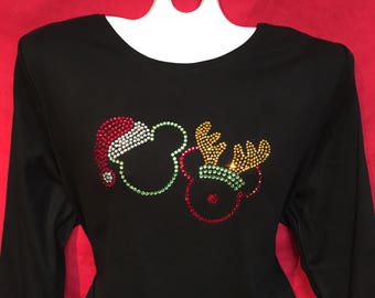 Camisa navideña Disney con cristales deslumbrantes para mujer. Gorro de Papá Noel y reno de Mickey Mouse. Tallas para mujer: S, M, L, XL. Tallas grandes: 1x, 2x, 3x.