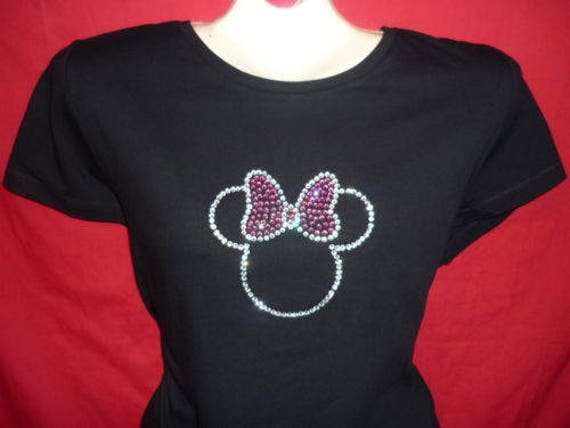 Minnie Mouse Pink Bow Disney Rhinestone Crystal Womens Shirt SHORT