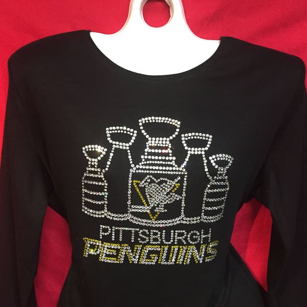 Pittsburgh Penguins Rhinestone crystal women's five  stanley cup LONG SLEEVE Misses S, M, L, XL, Plus size 1x, 2X, 3X shirts