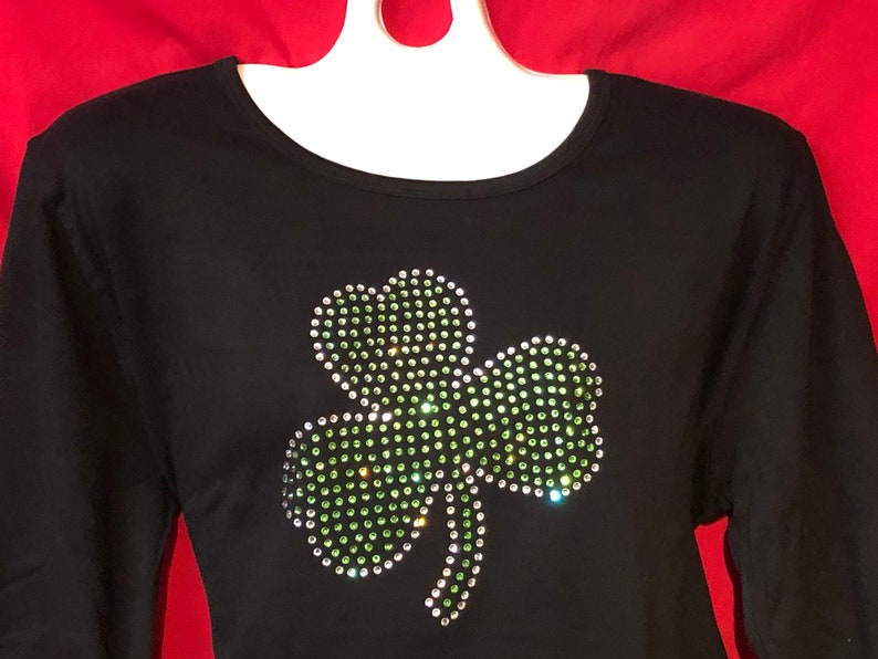 Shamrock Shirt, Shamrock Rhinestone, Crystal Shirt, St Patricks Day Women's Shirt, SHORT LONG Sleeve Misses S, M, L, Plus Size 1X, 2x, 3X image 1