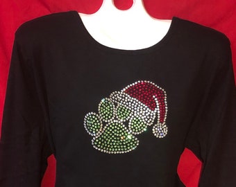 Dog Paw Prints Santa Hat Rhinestone crystal womens shirt SHORT or LONG Sleeve Misses S, M, L, XL, Plus size 1X, 2X, 3X Shirts