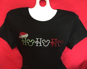 Disney Christmas Women's Rhinestone T-Shirt. Mickey Mouse Ho Ho Ho.  SHORT LONG Sleeve Misses S M L XL - Plus 1X 2X 3X