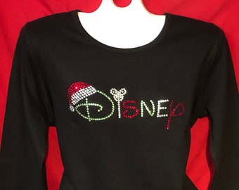 Bedazzled Disney Christmas Shirt Women's Rhinestone T-Shirt. DISNEY with Santa Hat.  Short or   Misses S M L XL - Plus Size 1X 2X 3X