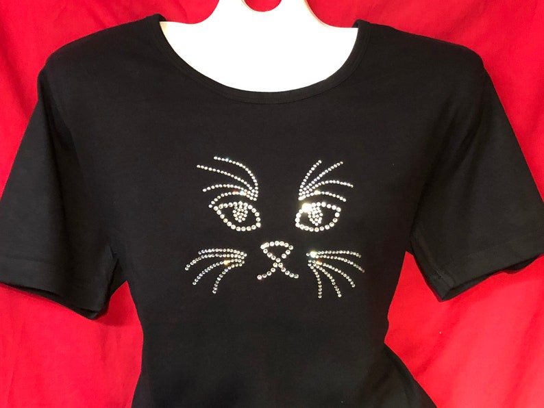 Rhinestone crystal women's shirt CAT Eyes Cat Lady Shirt Short or Long Sleeve Misses S, M, L, XL, Plus size 1X, 2X, 3X Shirts image 1