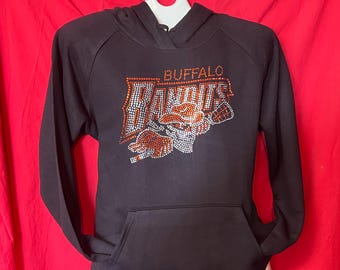 Sudadera con capucha de hockey Buffalo con incrustaciones de cristales, ropa Crystal Sparkle Bandits, ¡AGUJEROS PARA LOS PULGARES!