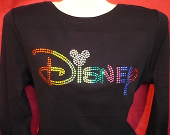 Disney World Colored Word Rhinestone crystal womens shirt. Mickey Mouse Bling. LONG SLEEVE Misses S, M, L, XL, Plus size 1x, 2X, 3X shirts