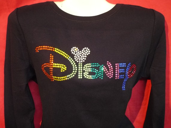 Disney World Colored Word Rhinestone Crystal Womens Shirt. Mickey Mouse  Bling. LONG SLEEVE Misses S, M, L, XL, Plus Size 1x, 2X, 3X Shirts 