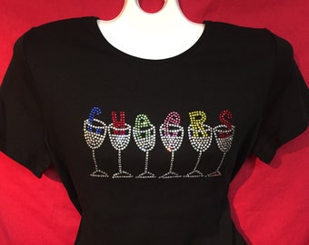 Wine Rhinestone crystal womens shirt Cheers SHORT LONG Sleeve Misses S, M, L, XL, Plus size 1X, 2X, 3Xshirts