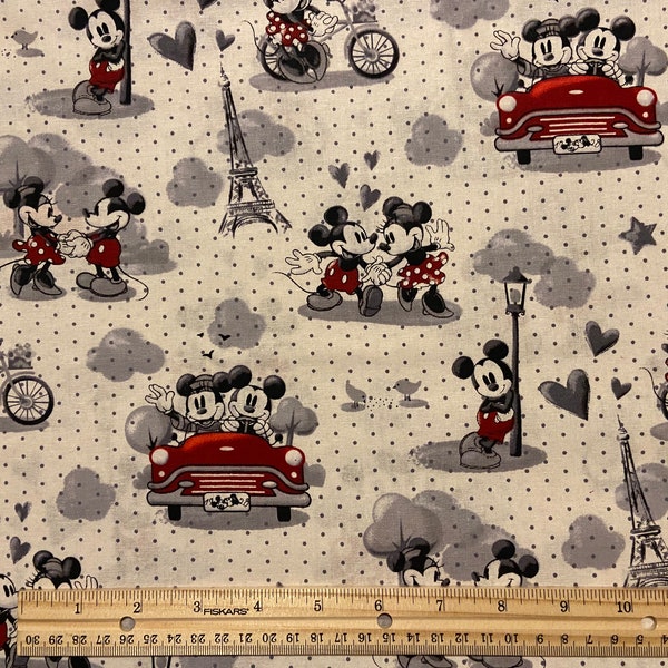 Mickey and Minnie Fabric, Paris, Travel, 100% cotton, Quilting Cotton, Mickey Mouse Fabric, Fat Quarters 18" x 22", Yard 36" x 44"