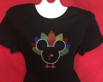 Thanksgiving turkey Shirt Mickey Mouse rhinestone crystal shirt.  Short and Long Sleeve Misses S, M, L, XL, Plus size 1x, 2X, 3X shirts