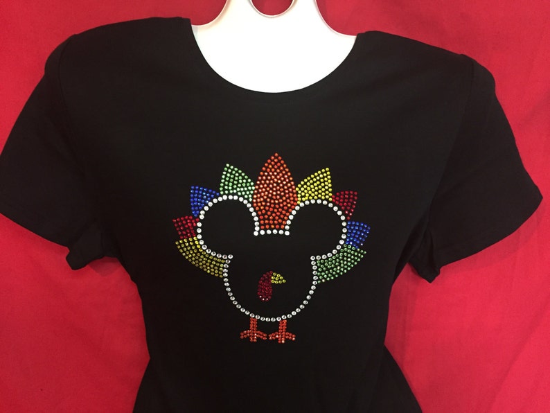 Thanksgiving turkey Shirt Mickey Mouse rhinestone crystal shirt. Short and Long Sleeve Misses S, M, L, XL, Plus size 1x, 2X, 3X shirts image 1