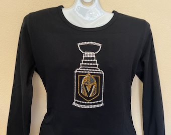Camisa de mujer con cristales de imitación de los Caballeros de Las Vegas, Copa Stanley, VGK. Tallas cortas/para mujer: S, M, L, XL. Tallas grandes: 1x, 2x, 3x.
