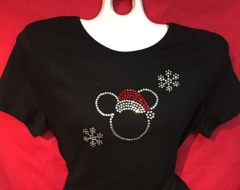 Disney Christmas Shirt Women's Rhinestone. Micke Mouse Santa hat and snowflakes.SHORT LONG Sleeve Misses S, M, L, XL, Plus size 1x, 2X, 3X