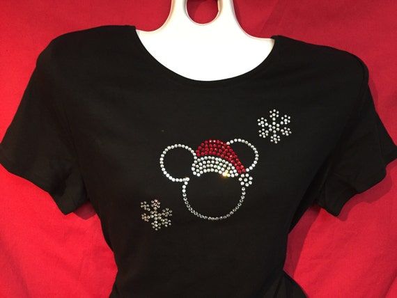 DISNEY with Santa Hat Plus Size 1X 2X 3X Disney Christmas Shirt Women's Rhinestone T-Shirt Short or Long Sleeve Misses S M L XL