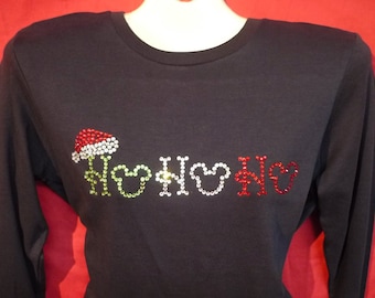Camisa navideña Disney con cristales deslumbrantes para mujer. Camisa con cristales de Mickey Mouse Ho Ho Ho. Tallas para mujer: S, M, L, XL, tallas grandes: 1x, 2x, 3x.