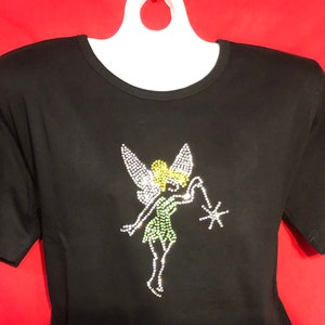 May include: Black t-shirt with a green and yellow rhinestone Tinkerbell design.