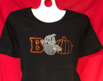 Camisa de Halloween con diamantes de imitación deslumbrantes, camisa de mujer con cristales, camisa Boo, camisa fantasma, tallas S, M, L, XL, tallas grandes 1X, 2X, 3X.