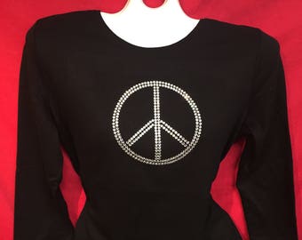 Peace Sign Rhinestone crystal womens shirt SHORT LONG Sleeve Misses S, M, L, XL, Plus size 1X, 2X, 3X Shirts