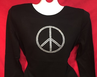 Camisa de mujer con cristales de imitación y símbolo de la paz deslumbrantes, tallas S, M, L, XL y tallas grandes 1X, 2X y 3X.