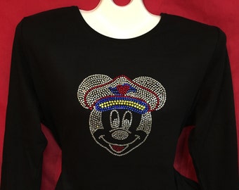 Captain Mickey Mouse Disney Cruise Line Rhinestone crystal womens shirt. Mickey Mouse Bling. SHORT LONG S, M, L, XL, Plus size 1X 2X 3X