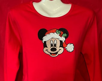 Mickey Appliqué shirt, Disney Christmas Rhinestone Shirt, Mickey Christmas Shirt, Misses S, M, L, XL, Plus size 1x, 2X, 3X