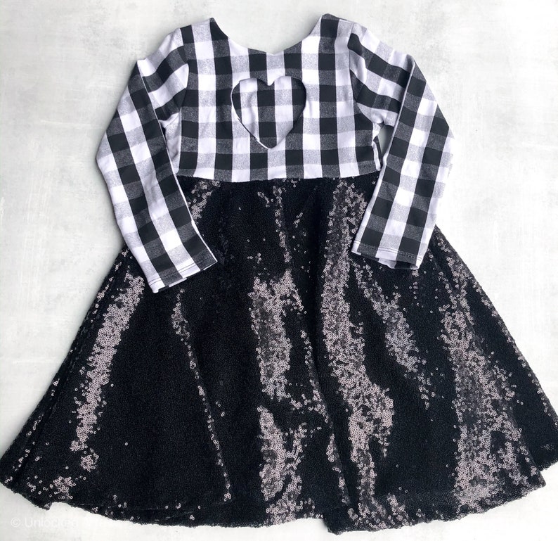 Christmas dress family pictures party dress holiday dress Black and white buffalo plaid sequins dress flower girl dress