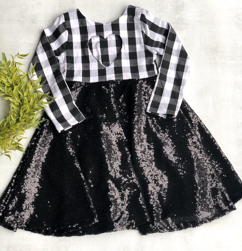 Christmas dress family pictures party dress holiday dress Black and white buffalo plaid sequins dress flower girl dress