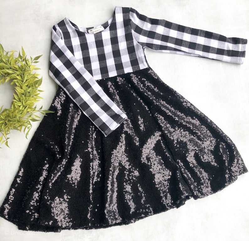 Christmas dress family pictures party dress holiday dress Black and white buffalo plaid sequins dress flower girl dress