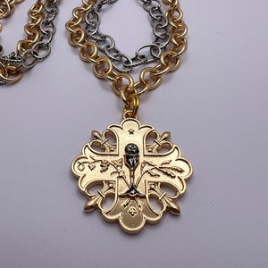 20” medal coin pendant necklace - gift for women or men - medium oval gold and silver plated cable chain and pendant