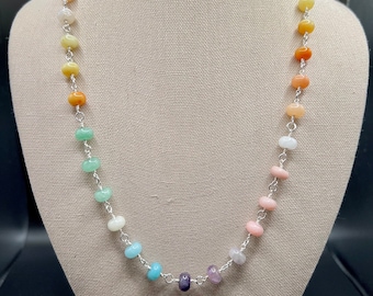 Genuine Opal stone 22” multicolor necklace- Cotton candy opal necklace - beaded rondelles - Silver colored spacer beads and clasp