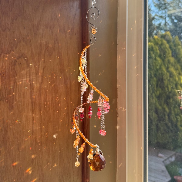 Suncatcher - Orange and red sunset 11” spiral crystal beaded sun window hanging - Handmade