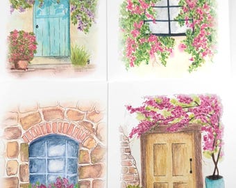 Watercolor Cottage Windows and Doors Notecard Set: Blank Inside