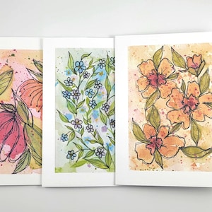 Watercolor Flower Notecard Set: Whimsical Ink Sketch, Set of 6