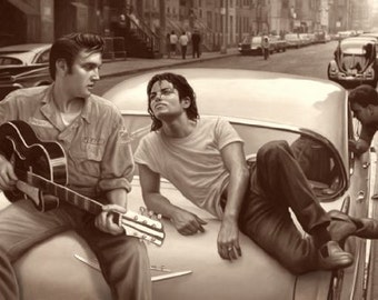 May include: A black and white photo of two men, one playing a guitar and the other leaning against a vintage car. The man playing the guitar is wearing a dark shirt and jeans. The man leaning against the car is wearing a white t-shirt and jeans.